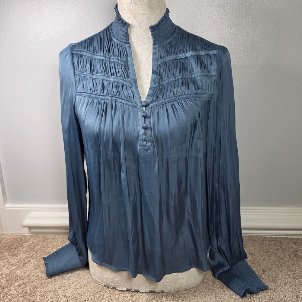 Rachel Zoe Blouse Blue Satin Smocked Neck Pintuck Pleated Elegant Chic Size S